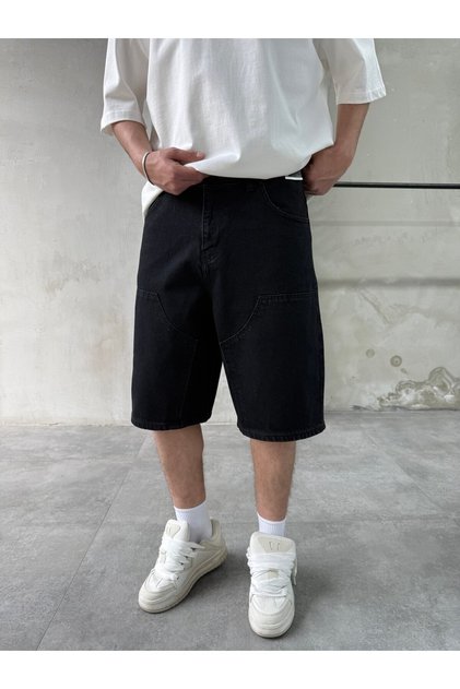 Black Bermuda Baggy Shorts with Stitched Details