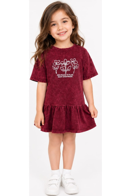 Girl's Glittery Floral Patterned Washable Fabric Burgundy Color Dress