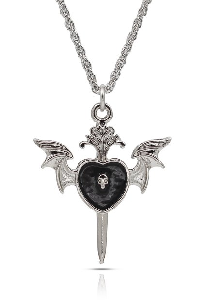 Gothic heart sword pendant bat winged skull necklace - black enamel silver color with twisted chain