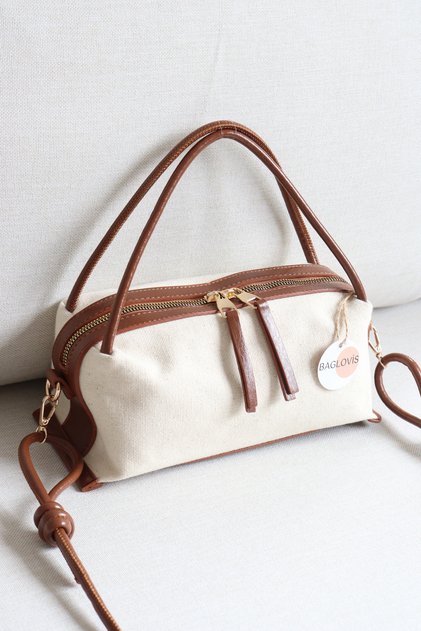 Women's Canvas Handbag Linen Fabric Leather Detailed Stylish Daily Shoulder Bag Width24 Length14