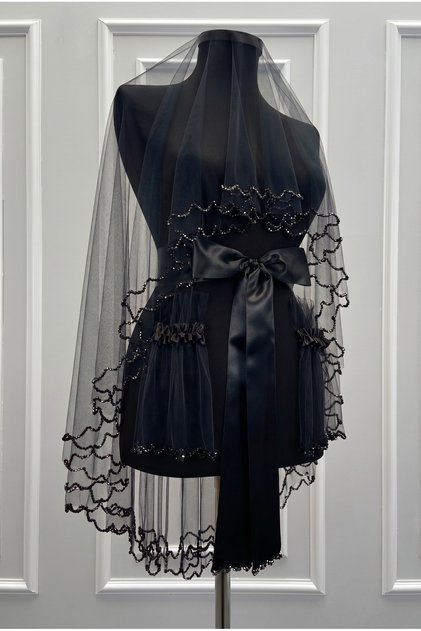 Black Bridal Veil Set, Sparkling Double Row Crystal Stone Decorated, Henna Night Veil Coverlet 6 Pieces