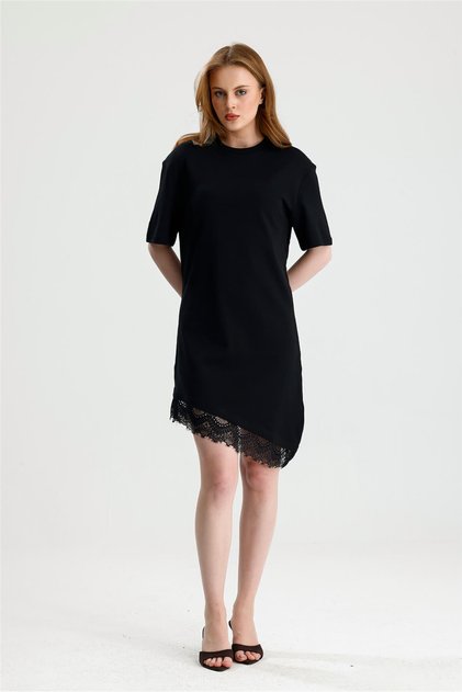 Black Half Sleeve Knee Length Skirt Hem Lace Dress