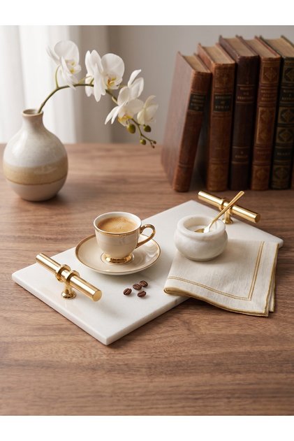 White Marble Rectangular Presentation Tray with Gold Handles, Decorative and Engagement Tray (30X15 cm)