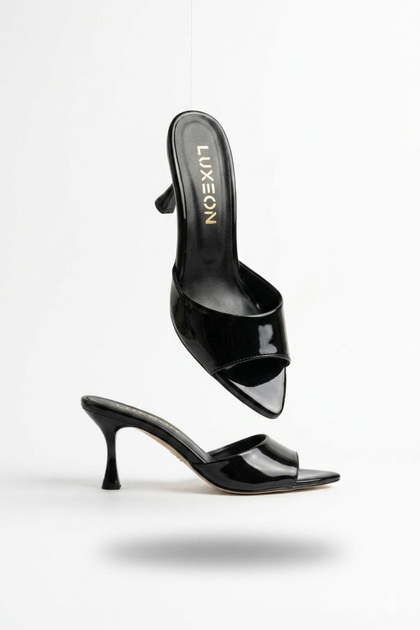 Women's Black Patent Leather Pointed Toe Thin Evening Dress Shoes Goblet Heel High Shoes Comfortable Slippers Lightweight