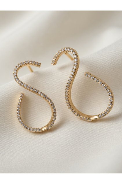 Jack Fan Gold Plated Zircon Stone Spiral Hoop Earrings Three-Dimensional Curved Design Night Earrings Vip