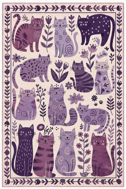 Kedi Desenli Dijital Baskı Keçe Tabanlı Modern Dekoratif Halı