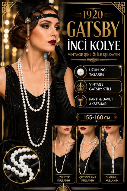 1920 Gatsby Beyaz İnci Kolye Uzun Vintage Retro Parti Kostüm Aksesuarı 155 CM