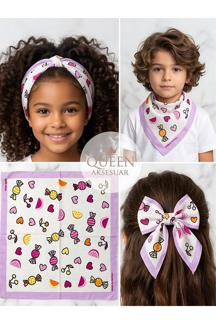 Purple Fruit Candy Heart Pattern Cotton Fabric Bandana Kerchief Neck Collar Scarf Children's Hair Band Accessory
