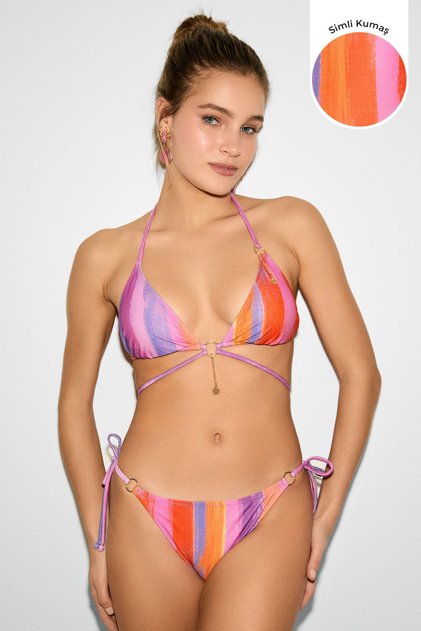 Lain Patterned Glitter Fabric Triangle Bikini
