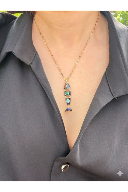 Elegance Museum Steel Colorful Stone Moving Fish Figure Necklace - 316L Stainless Steel Adjustable Chain