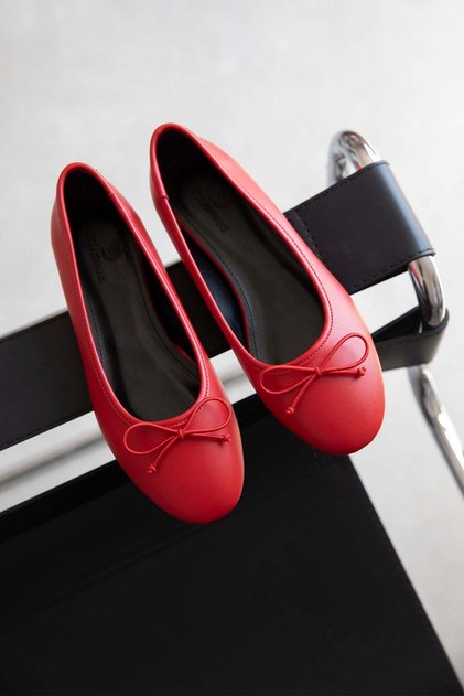 Lily Women's Bow Detail Leather Ballerinas Red