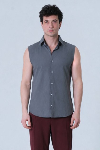 100% Cotton Sleeveless Men's Shirt Suitable for Wearing under Jacket Summer Dark Gray 2Xs-10Xl