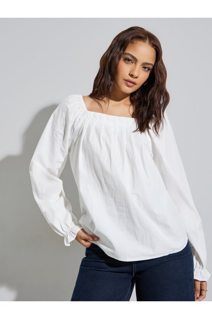 White Square Neck Long Sleeve Blouse