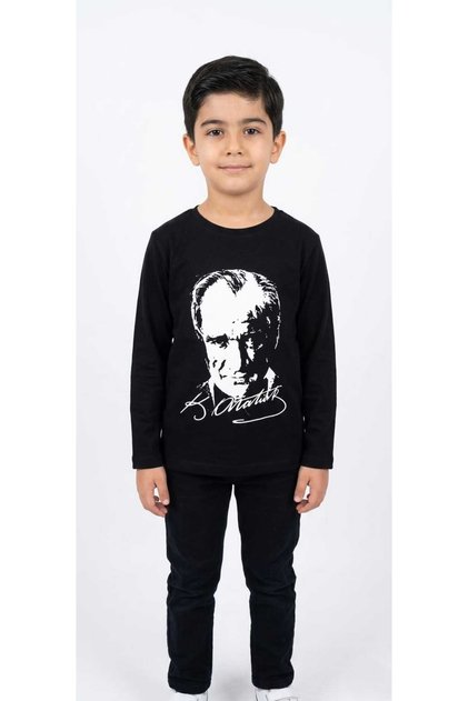 Girls and Boys Black Color Ataturk Printed Long Sleeved Combed Cotton T-Shirt