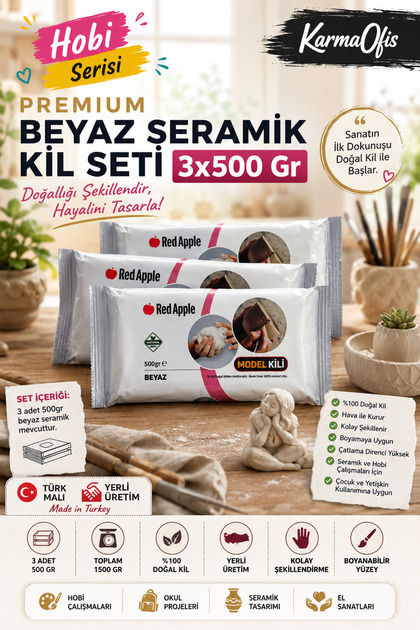 Beyaz Seramik Kil %100 Doğal Hava ile Kuruyan Modelleme Kili | 1500 Gr (500grx3)