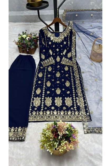 Blue Faux Georgette Embroidered Kurti Palazzo & Dupatta - | Blue