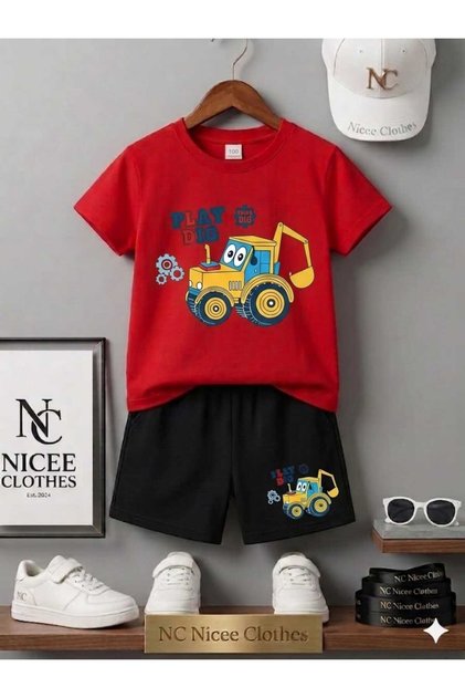 Summer Children's T-Shirt Shorts Unisex (Tractor Shovel Print)