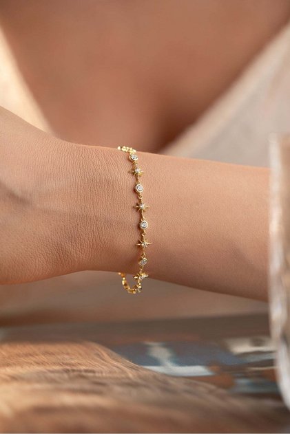925 Ayar Gümüş Gold Kaplama Sıralı Yıldız Model Bileklik