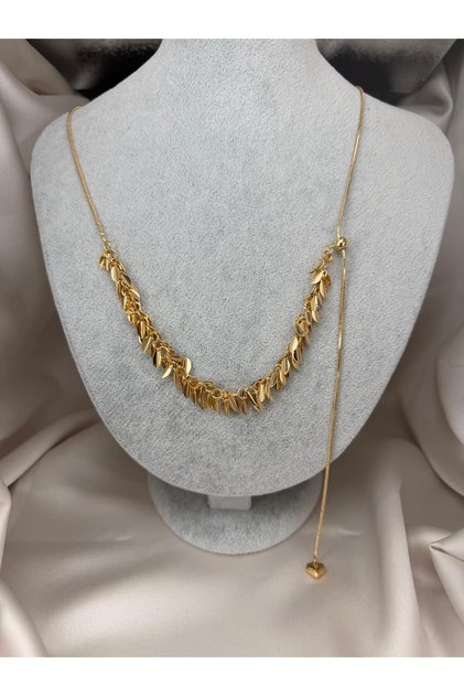 Gold Color Leaf Detailed Adjustable Necklace Heart End Long Chain Women's Necklace