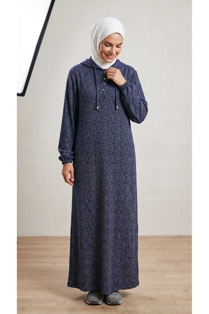 Women's Hakim Collar Dress with Buttons on the Front, Rope Detail on the Sleeves, Elasticized Sleeves, Patterned Dress