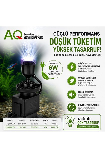 AQ666LED LED Işıklı Akvaryum Hava Motoru 1000L/H Enerji Tasarruflu