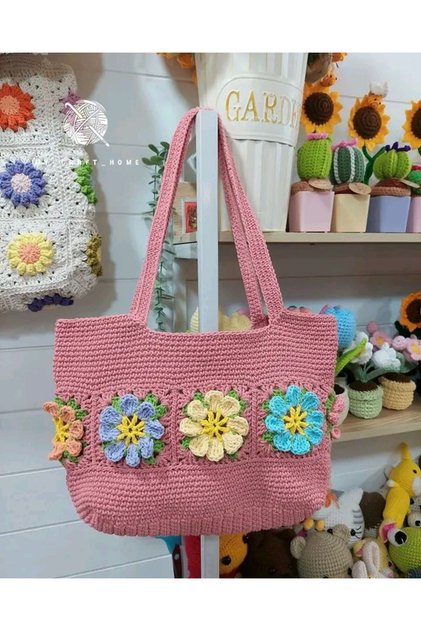 Floral Knitted Bag Large Size Handmade Summer Shoulder and Beach Bag