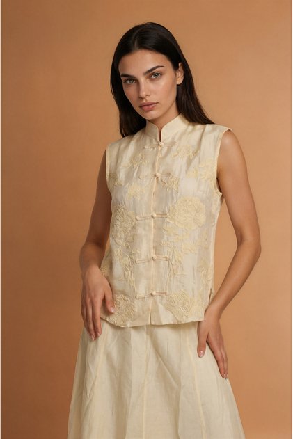 Cream Chinese Collar Floral Appliqué Blouse Skirt Set