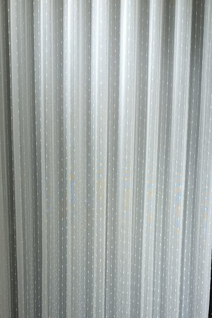 Vertical Striped Spotted Linen Textured Pom-Pom Custom Made Tulle Curtain -1/2 Layer with Sparse Pleats