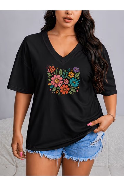 Women's V-Neck Floral Printed T-Shirt Oversize Loose Fit