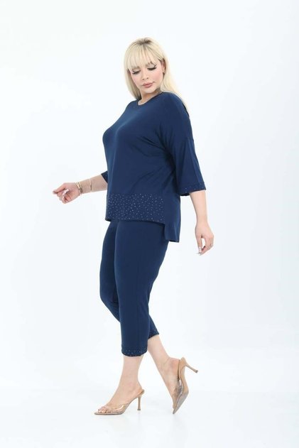 Women's Capri Tshirt with Stone Detail, Stylish Viscose Combed Cotton Blue Bottom-Top Set