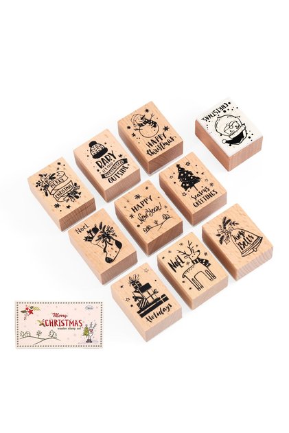 Set de ștampile din lemn de Crăciun, cu design Vintage „Crăciun Fericit”, pentru felicitări și creații – 10 bucăți