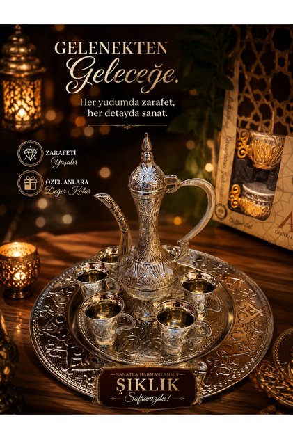 Ottoman Motif 6-Person Zamak Coffee Cup Set – Turkish Coffee Set with Tray and Pot