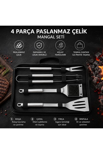 Paslanmaz Çelik Barbekü Mangal Aletleri Seti Maşa, Çatal, Spatula ve Fırça 4 Parça Taşıma Çantalı