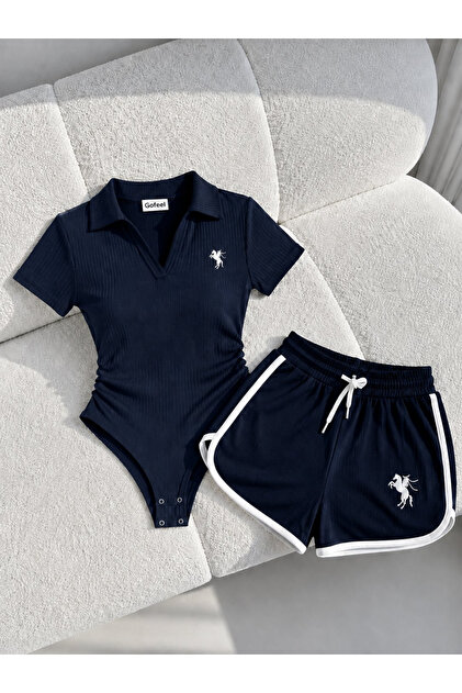 Gofeel Lacivert Polo Yaka Likralı Nakışlı Bluz & Şort Takım
