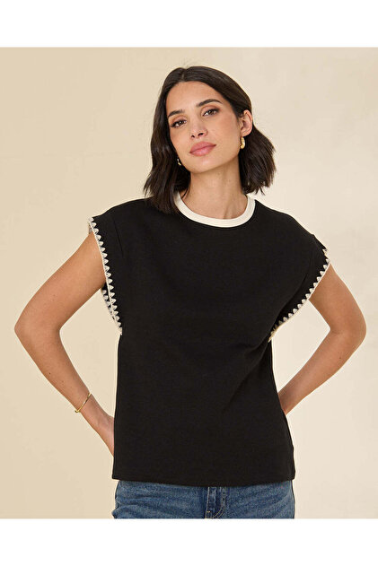 Women Black With Scalloped White Crochet Trim Top