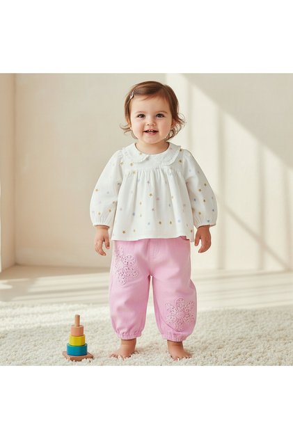 Peter Pan Collar Long Sleeves Top and Pants Set with Floral Embroidery