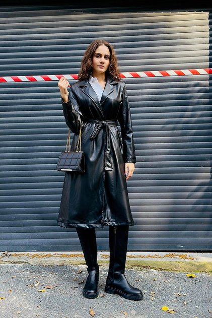 Women's Belted Leather Stylish Trench Coat Black