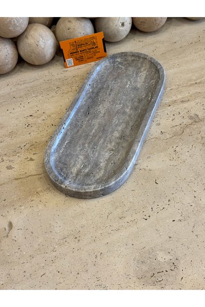 Natural Silver Travertine Ellipse Decorative Tray 33X14 cm - Stylish Marble Presentation Tray