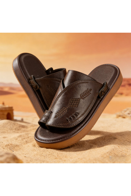 Men's Arabic Leather Flip Sandals, 2.5cm Thick Platform Slip On Slide Sandals, Non Slip Sole Embroidered Casual Slippers For Daily Outdoor Wear