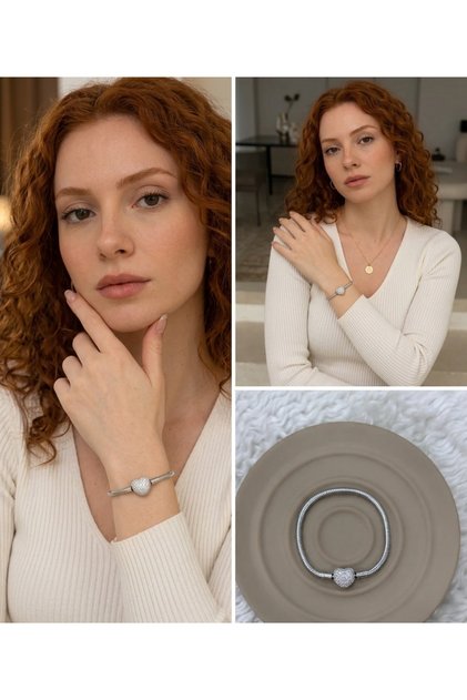 💎 Premium Silver Color Shiny and Modern Stone Detail Heart Figure Zircon Charm 316L Steel Bracelet (~18Cm)