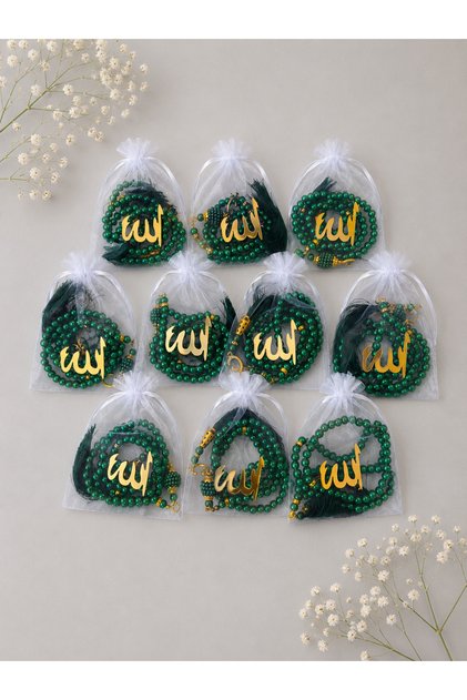 99 Glass Pearls Prayer Beads with the Word'Allah' on a Tulle Pouch, 10 Pieces.