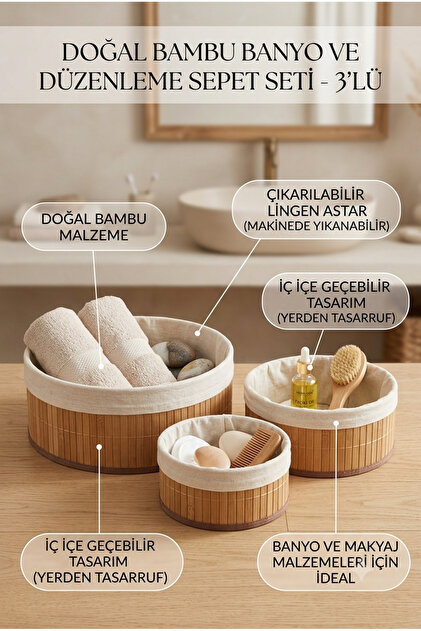 Vienev 3'lü Set Oval Bambu Organizer Sepet | Banyo Mutfak Dolap