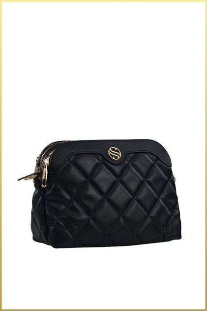 Women's Leather Three-Compartment Adjustable Strap Shoulder Bag - Black