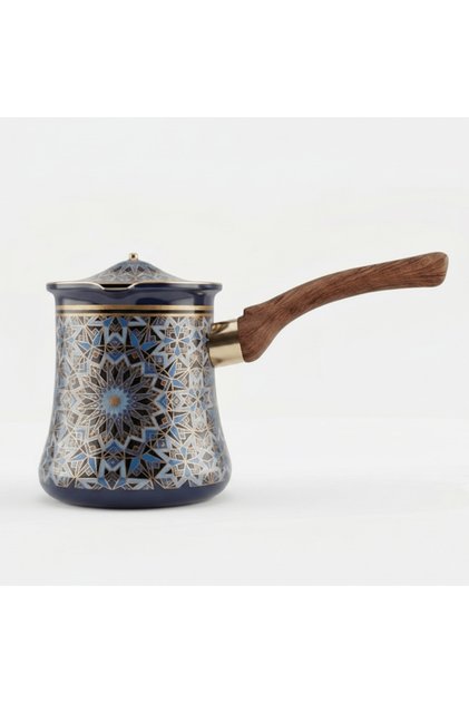 Blue & Black Decorative Metal Coffee Warmer with Mosaic Islamic Geometric Pattern, Wooden Handle & Lid – 400 ml