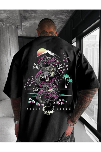 New Season Tokyo Summer Evening Dragon Back Printed 100% Cotton Plus Size Men's T-Shirt