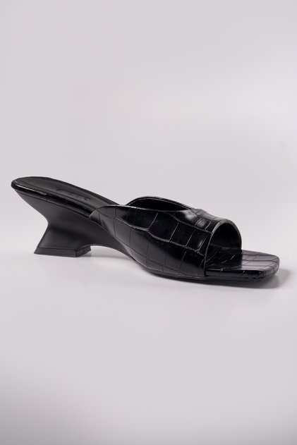 Lyra - Black Croco Open Toe Heeled Slippers