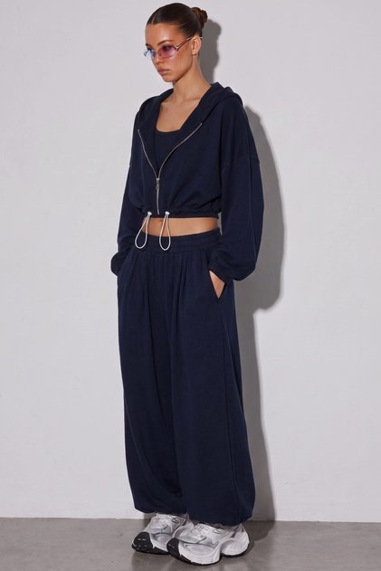 Women's 3-Piece Modal Set Nova Ease Navy Blue – Crop Tank Top, Zip-Up Cardigan, and Adjustable Hem Bottoms