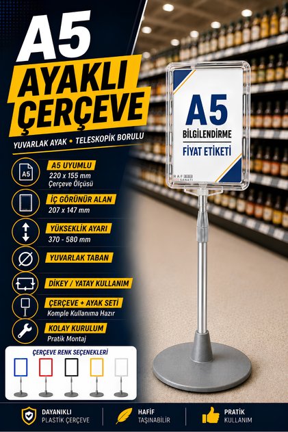 A5 Ayaklı Menü ve Fiyat Bilgi Standı Yuvarlak Tabanlı Teleskopik Çerçeve Etiketlik Şeffaf