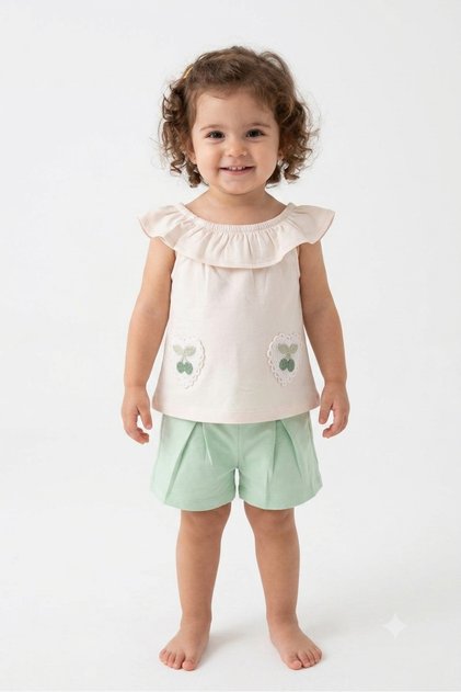 Summer Baby Girl Ruffled Collar Sleeveless Cherry Embroidered Top and Bottom Set 6-9-12-18-24 Months