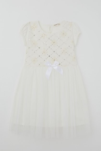 Girl's Dress with Sequins, Tulle and Flower Accessories, 4-8 Years Old, Ecru